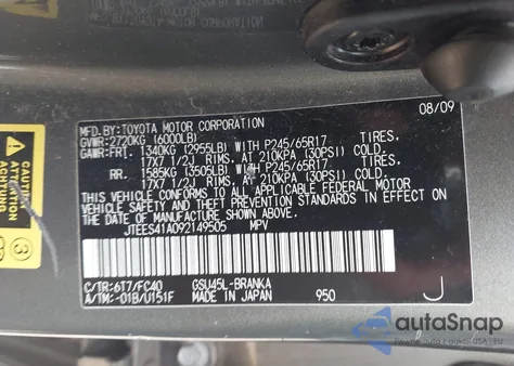 2009 Toyota Highlander from USA, damaged, VIN JTEES41A092149505